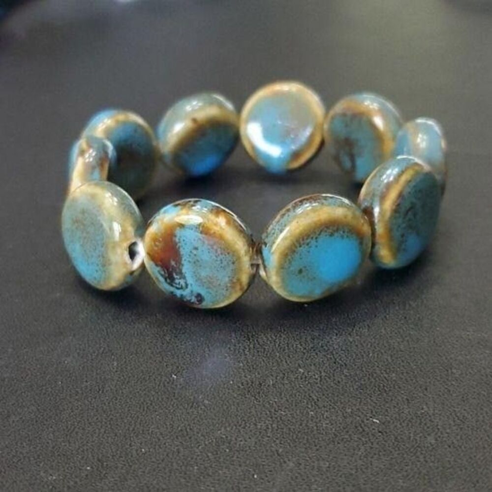 **Final Sale** Ceramic Blue Brown Tan Glazed Bead Bracelet